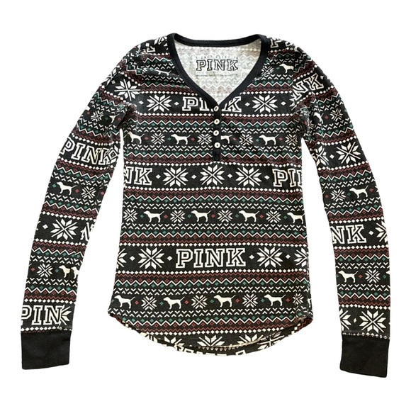 PINK BY VS women's christmas themed graphic waffleknit top, size XS. - Picture 1 of 3